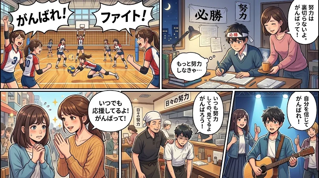 様々な場面での「加油」と「努力」の使い方を示すコラージュ画像