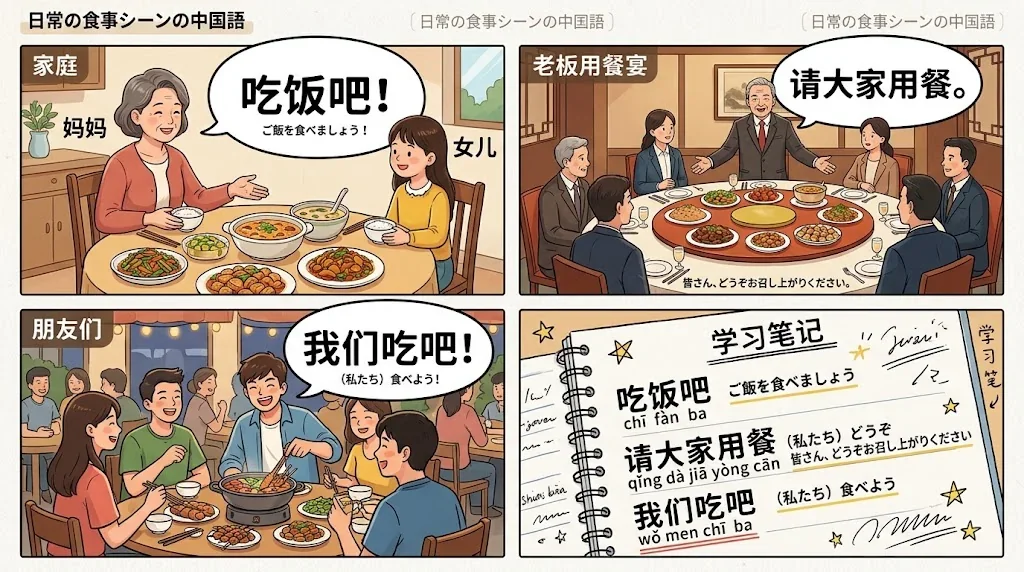 食事の場面別フレーズを示したコラージュ画像