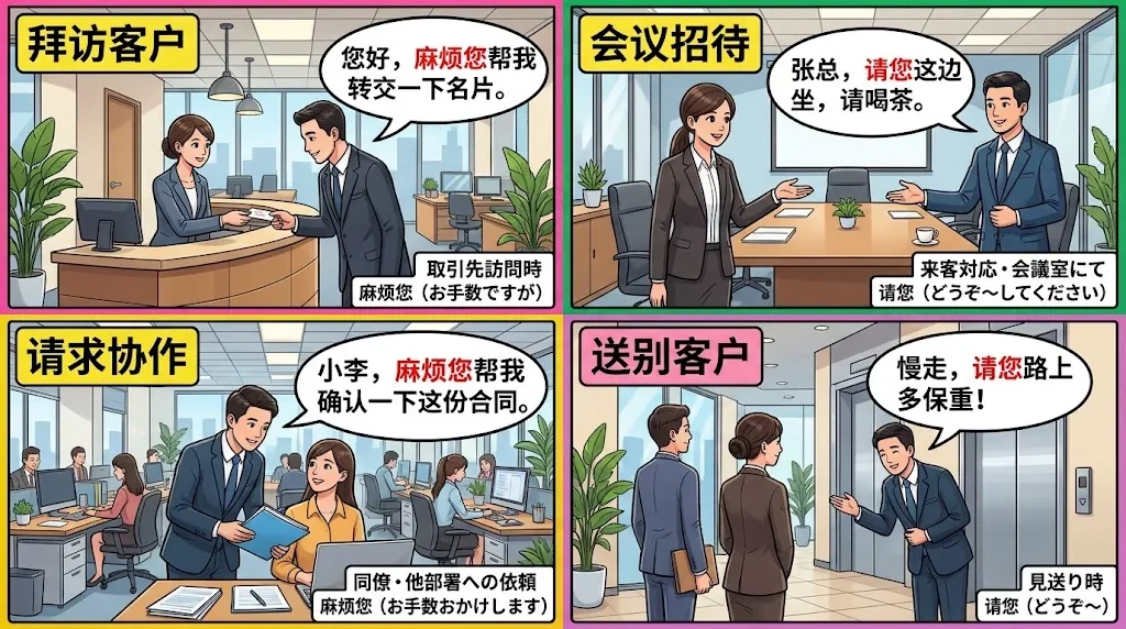 ビジネスシーンでのフレーズ使用例を示したコラージュ画像