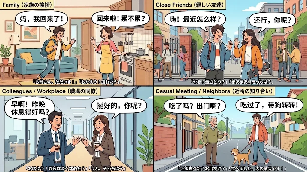 友人や家族とのカジュアルな挨拶シーンのコラージュ