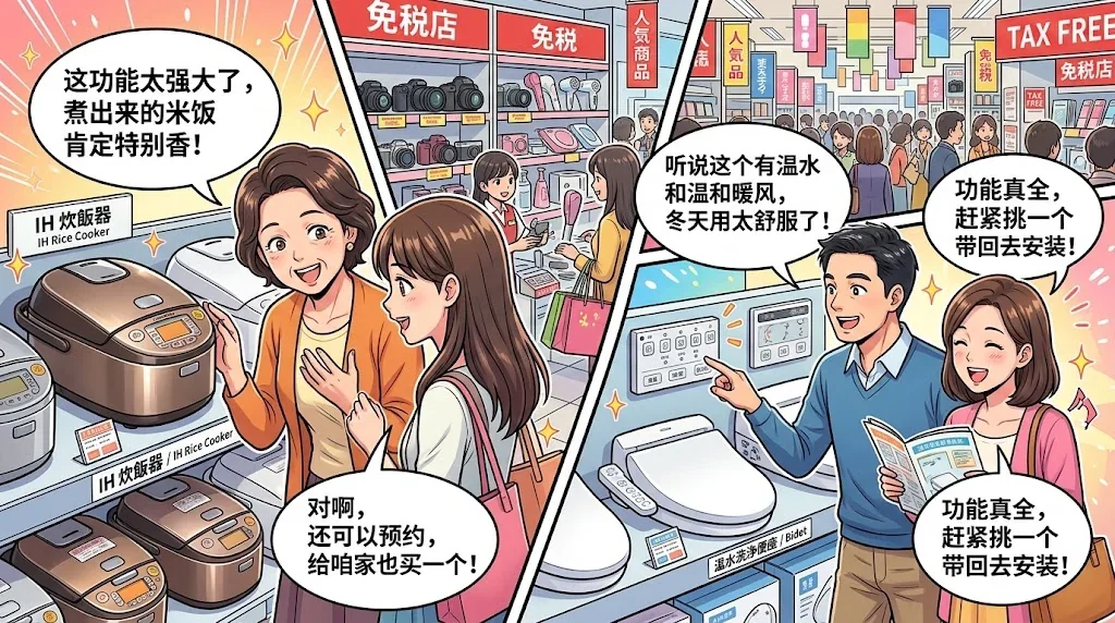 人気の家電製品を楽しむ中国人観光客のコラージュ画像