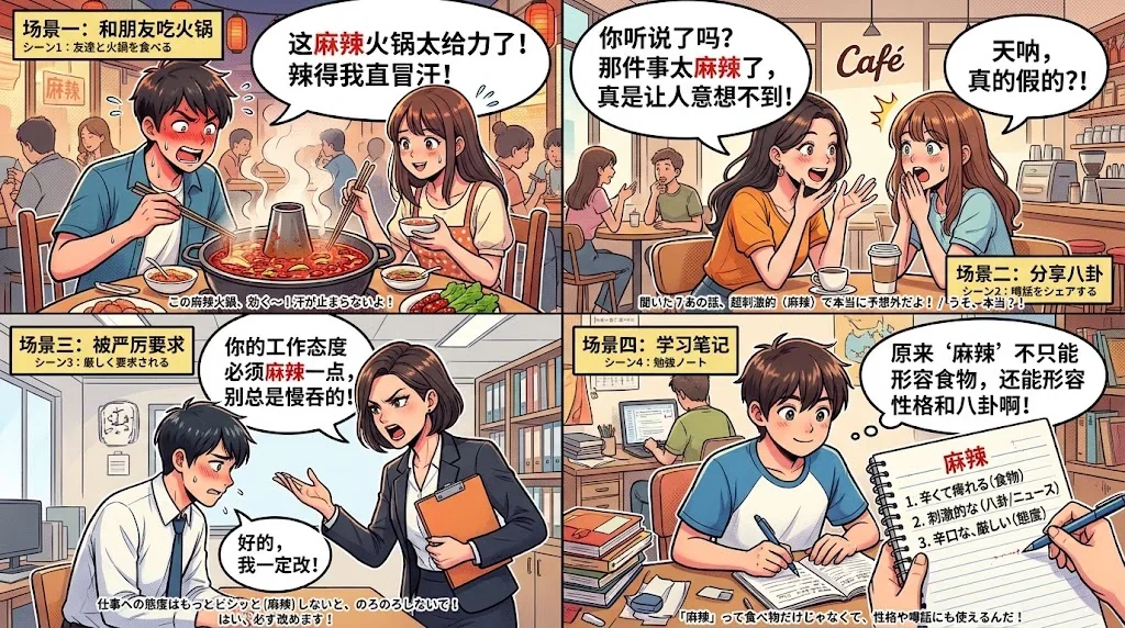 様々な場面での麻辣フレーズ使用を示すコラージュ画像。