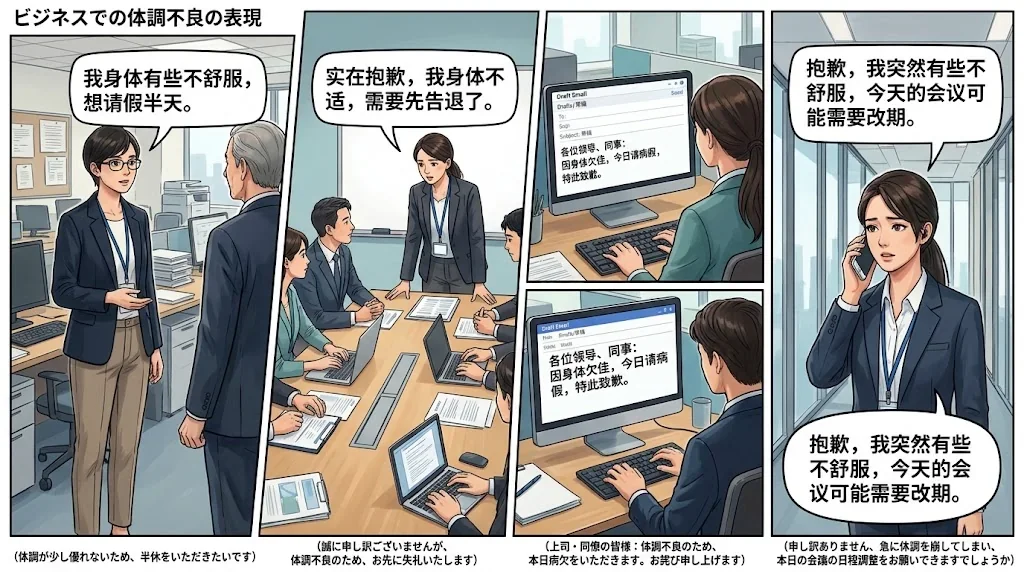 ビジネスシーンでの丁寧な体調不良フレーズを示すコラージュ