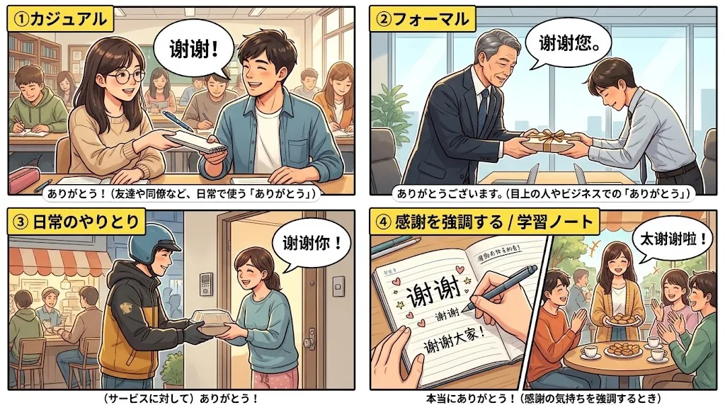様々な場面での「謝謝」の使い方を示したコラージュ画像