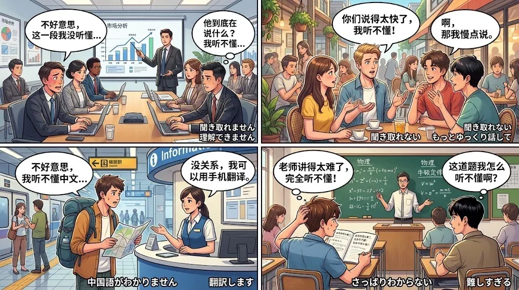 様々な場面での「听不懂」使用例を示すコラージュ画像