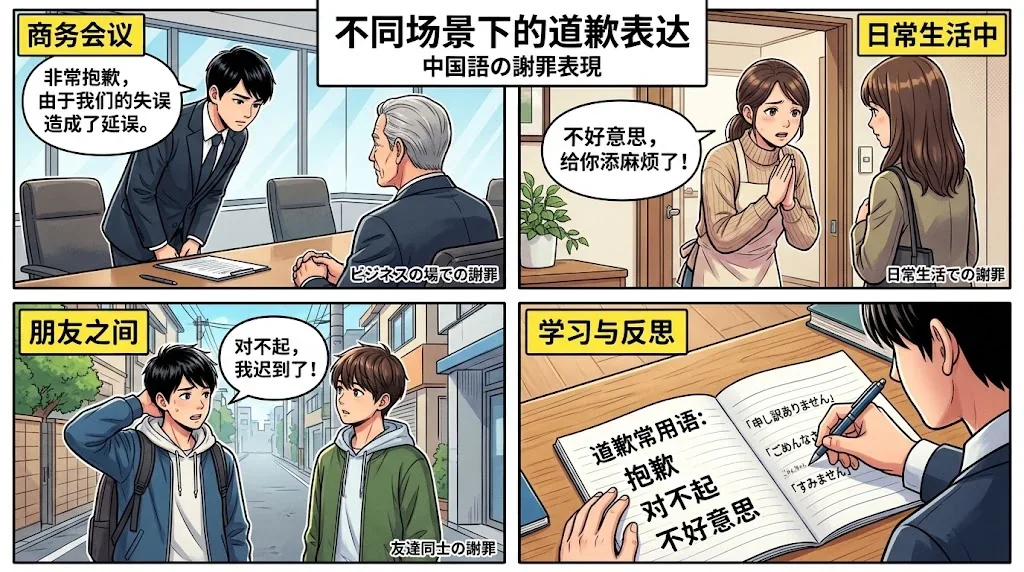 様々な場面での謝罪フレーズを示したコラージュ