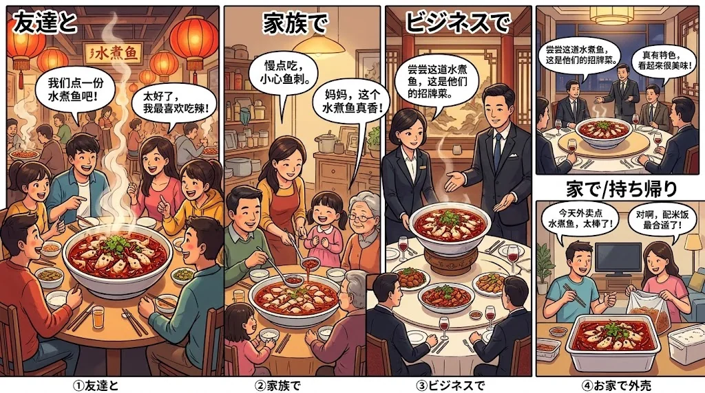 水煮魚を囲む様々なシーンのコラージュ画像