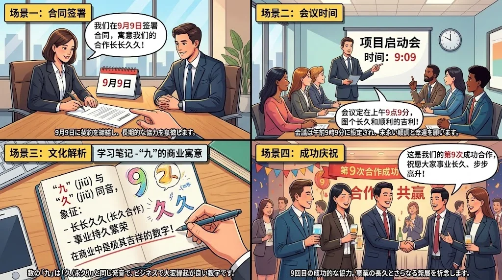 ビジネスシーンでの「9」の活用を示すコラージュ画像