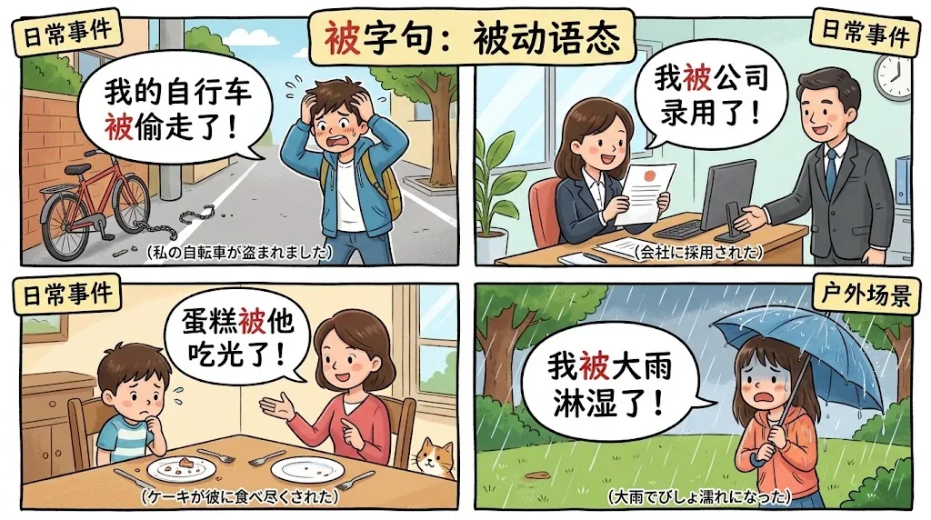 様々な受身文の使用場面を示したコラージュ画像