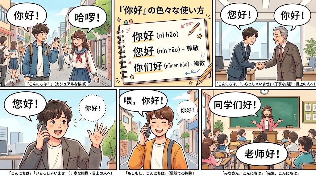 「你好」の使用シーンを複数示したカラフルなコラージュ画像