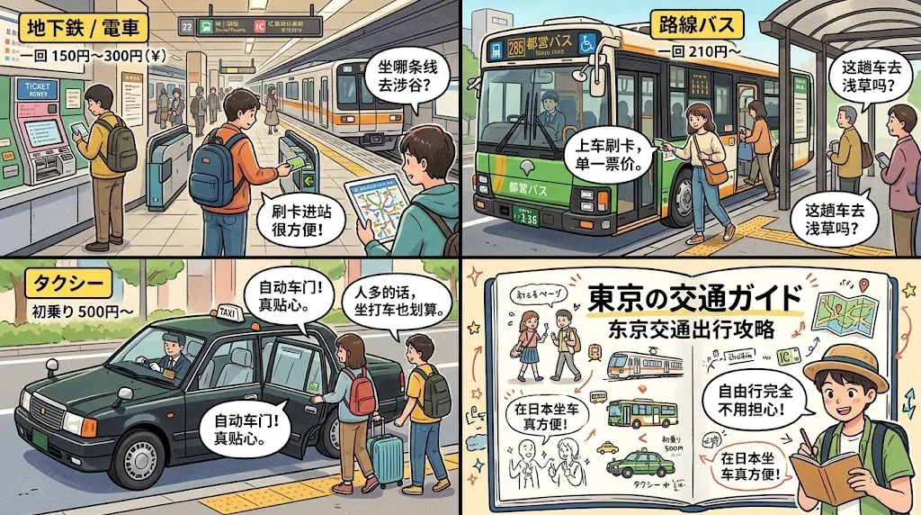 交通手段別の料金と利用シーンを示したコラージュ画像