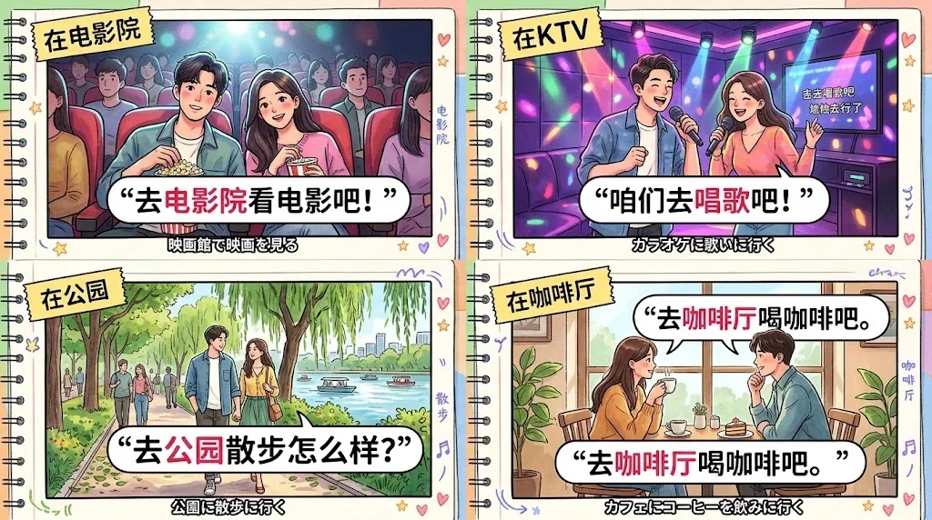 映画・KTV・公園でのデートシーンを示すコラージュ