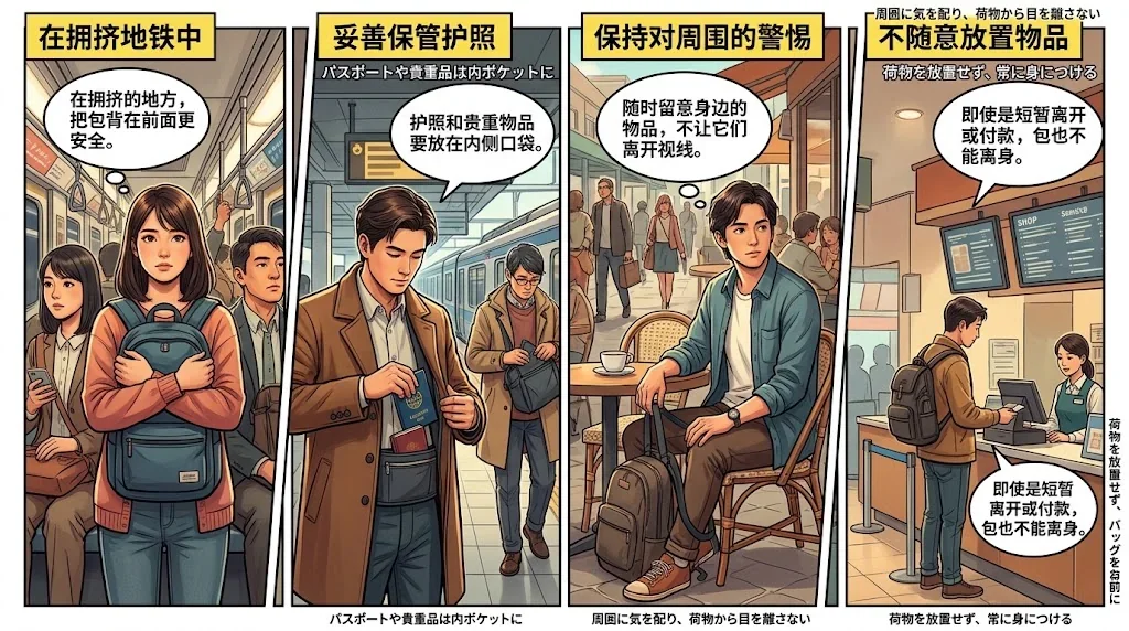 混雑した地下鉄でバッグを守る旅行者や周囲に注意を払う様子を描いたコラージュ