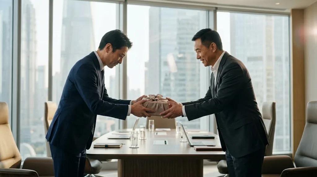 ビジネスシーンで両手を使って礼儀正しく贈り物を渡す様子