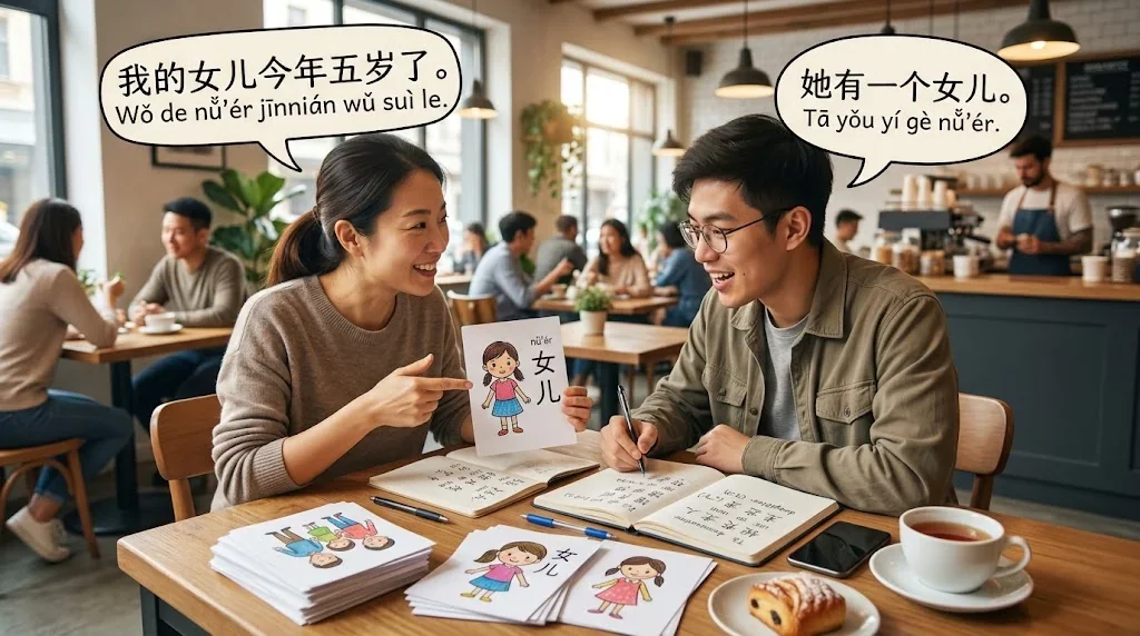 カフェで友人とフラッシュカードを使って会話練習している様子