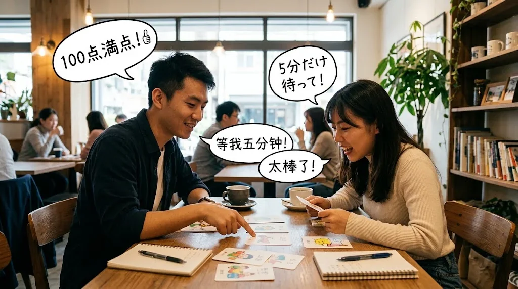 カフェで友人とノートを見ながら会話練習している様子