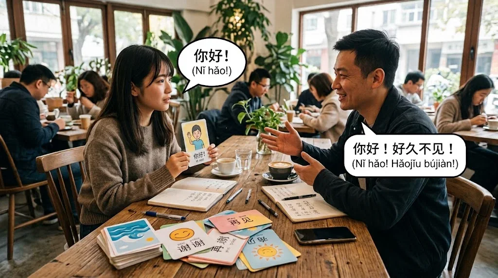 カフェで友人と楽しく会話練習している様子