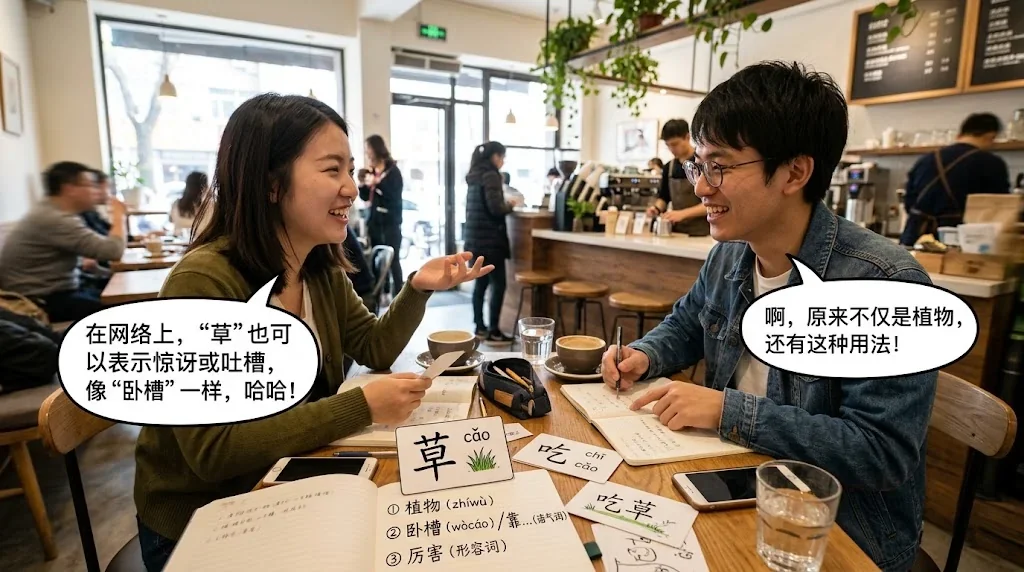 カフェで友人とノートを見ながら会話練習している様子