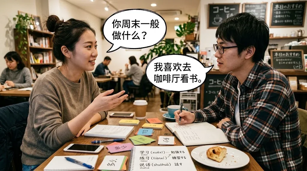 カフェで友人とフラッシュカードを使って会話練習している様子