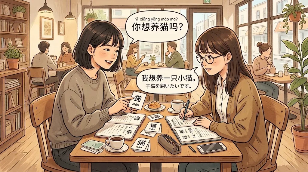 カフェで友人と猫について会話している学習シーン