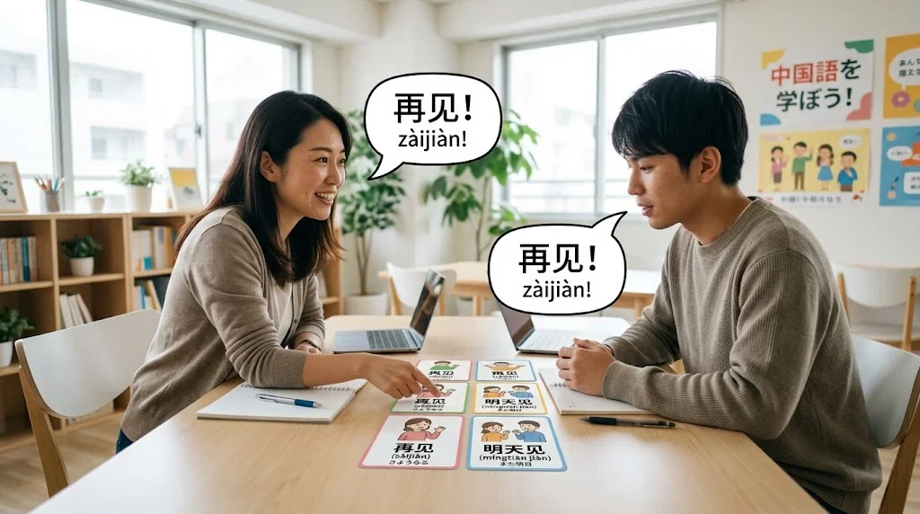 学習スペースでフラッシュカードを使って会話練習している様子