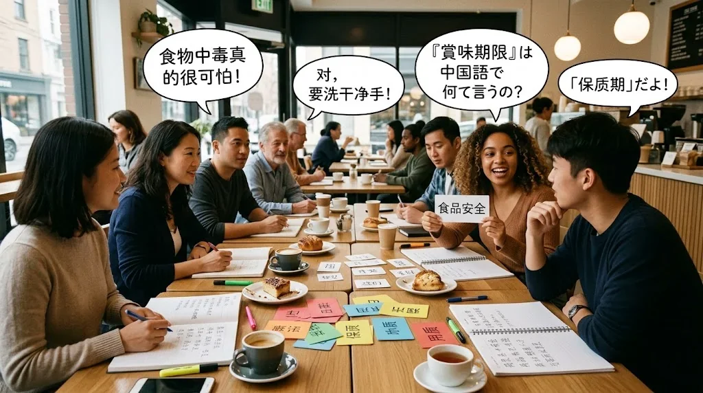 カフェでフラッシュカードを使いながら楽しく中国語を練習する様子