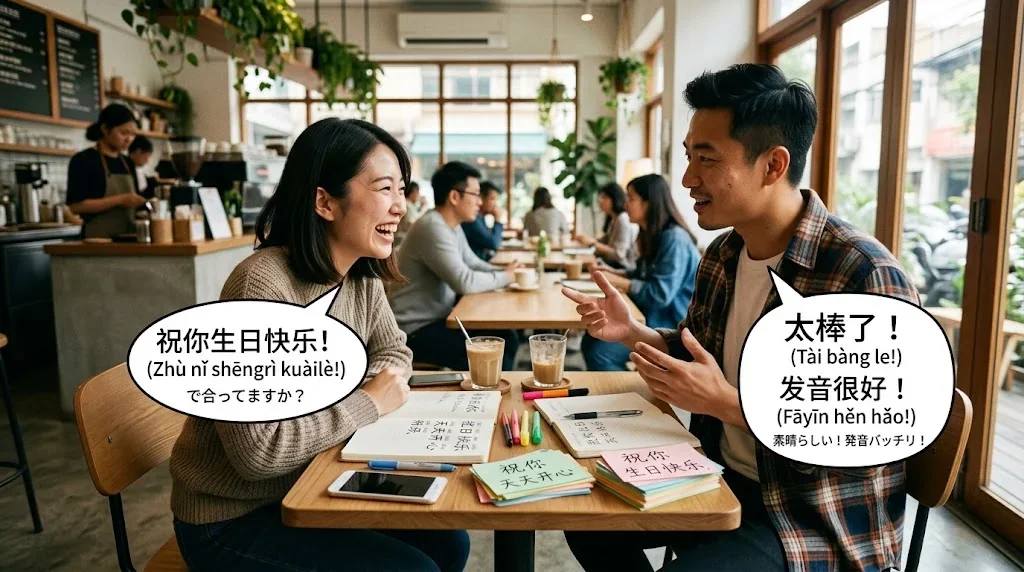 カフェで友人と中国語の誕生日メッセージを練習している様子