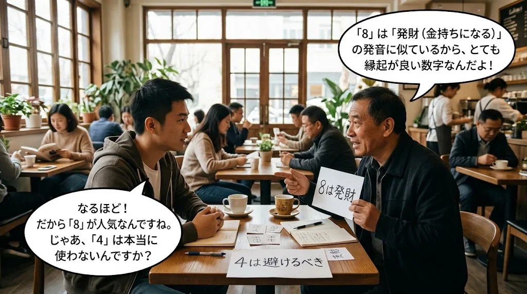 カフェで友人と数字について楽しく会話している様子