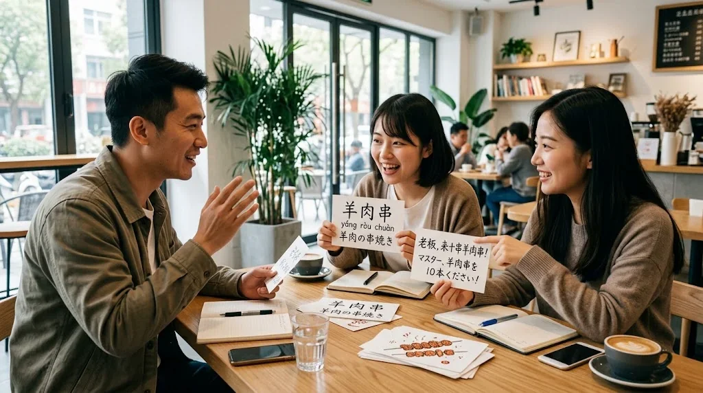 カフェで友人とフラッシュカードを使って楽しく会話練習している様子