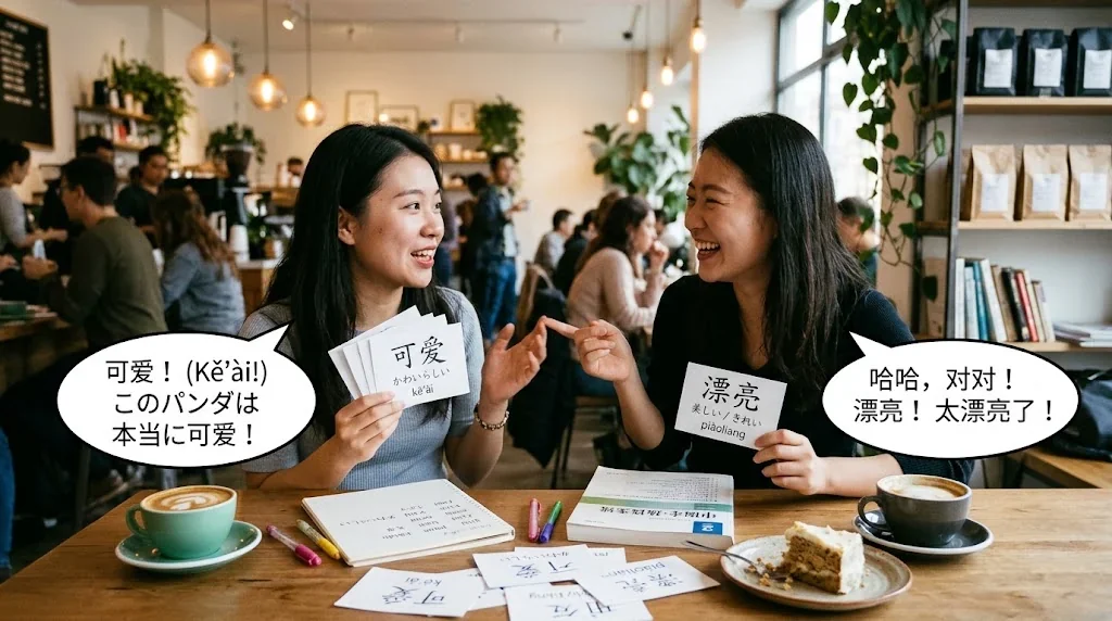 カフェで会話練習を楽しむ学習者とネイティブの様子。