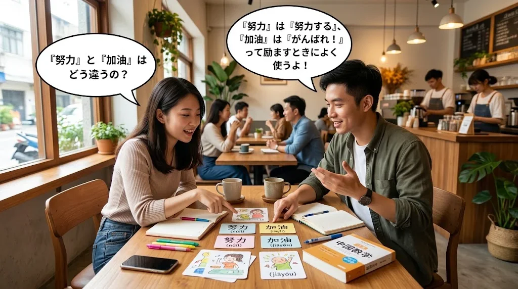 カフェで友人とフラッシュカードを使って会話練習している様子