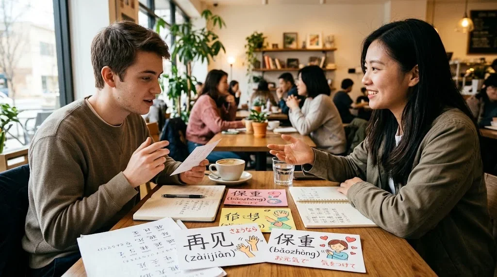 カフェでフラッシュカードを使いながら会話練習するシーン