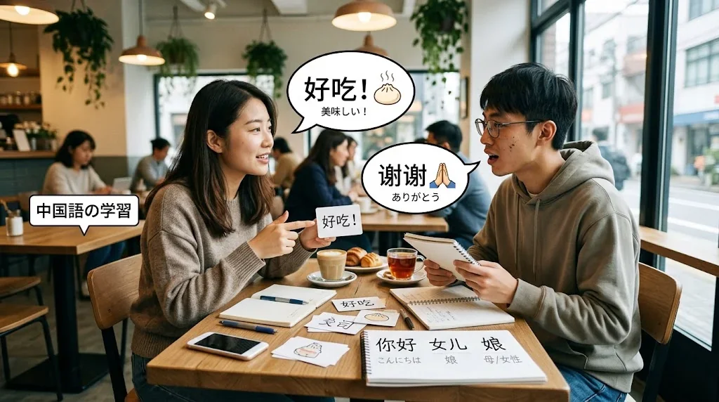 カフェで友人とフラッシュカードを使って会話練習する様子