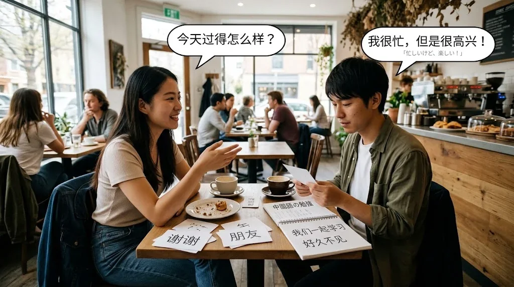 カフェで楽しく会話練習をしている学習者とネイティブの様子