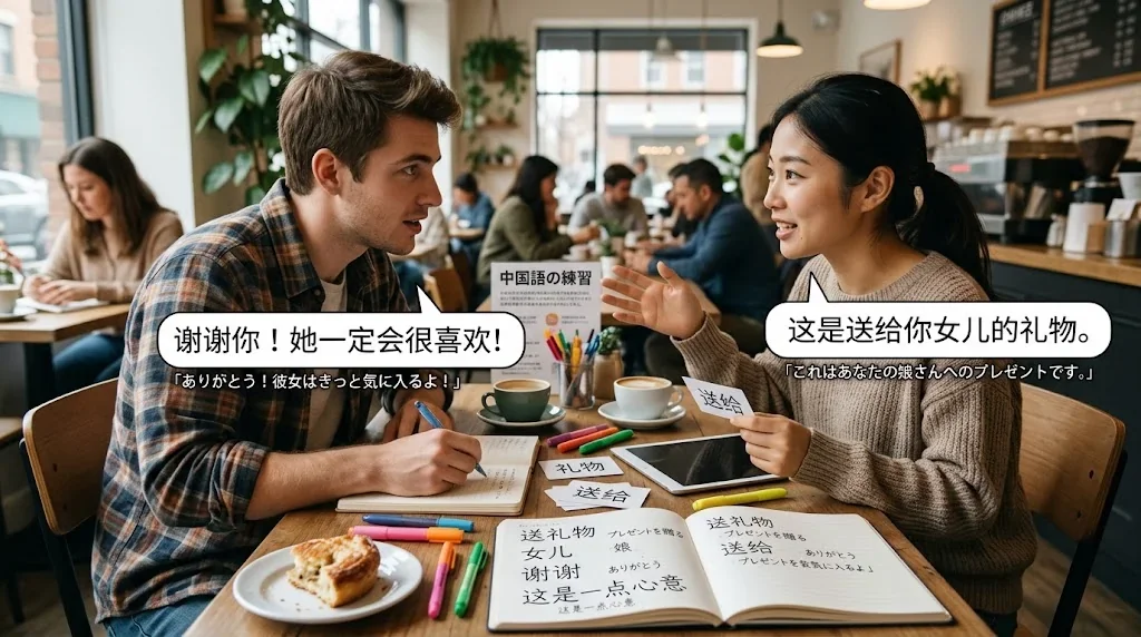 カフェで楽しく会話練習をする様子