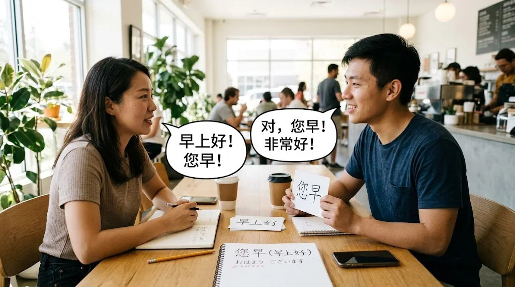 カフェでフレーズを使いながら会話練習する様子
