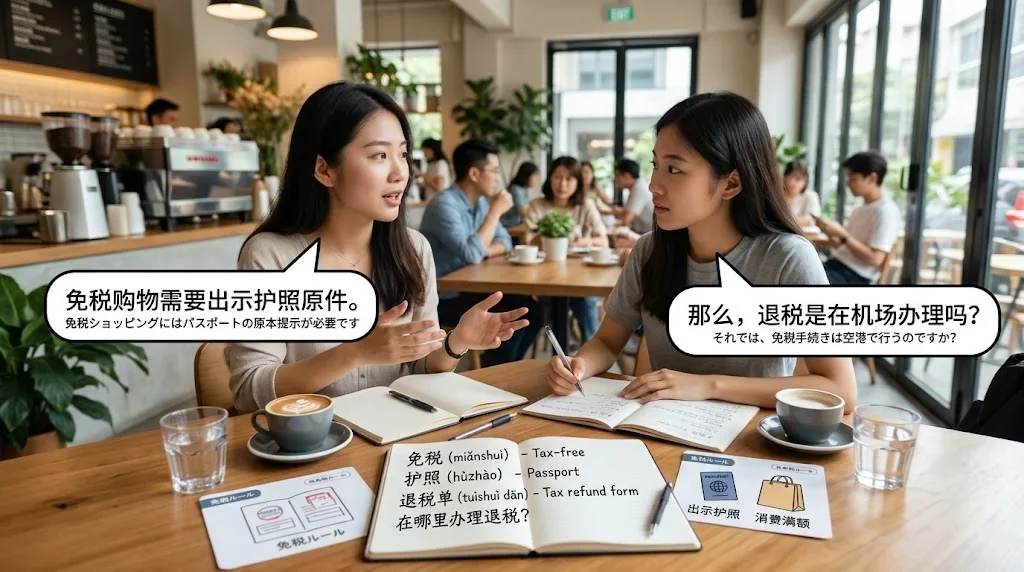 カフェで友人と楽しく会話練習しているシーン