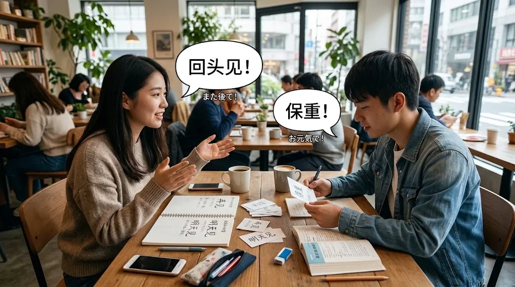 カフェで友人とフレーズを練習している様子