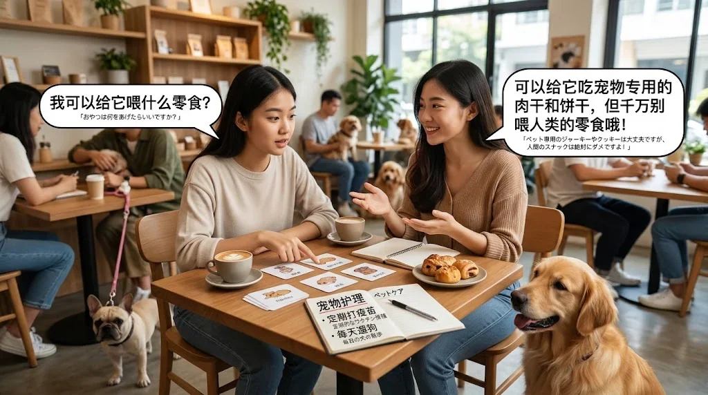 カフェで友人とペットについて会話する様子
