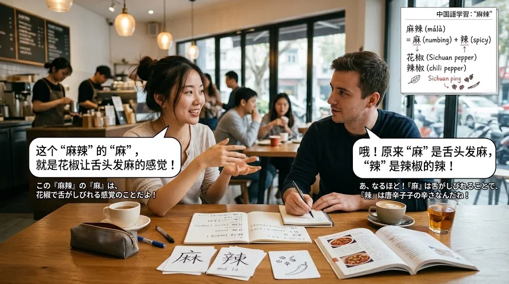 カフェで友人と麻辣について楽しく会話している様子。