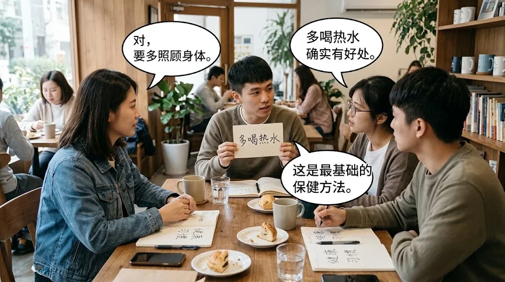 カフェで友人と健康について会話しているシーン