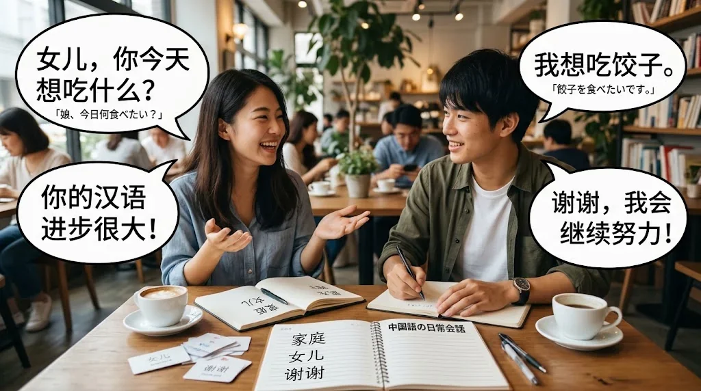 カフェで友人と楽しく会話練習している様子