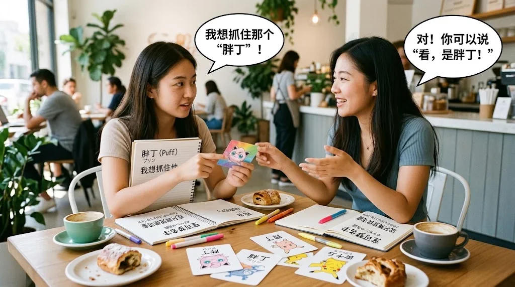 カフェで友人とポケモン名を交流する様子
