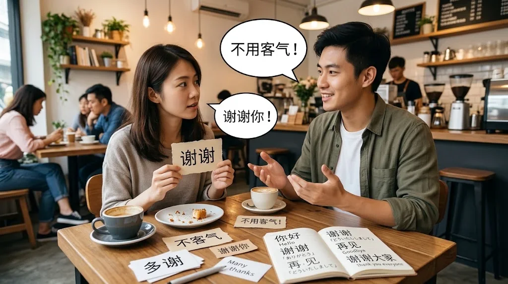 カフェで友人と楽しく会話練習している様子