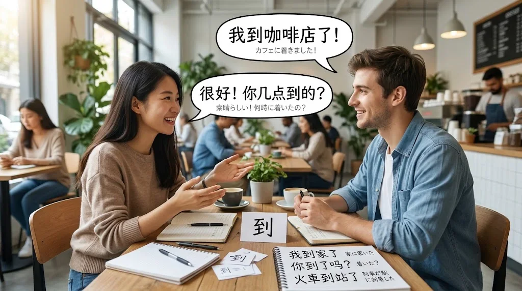 カフェで友人とノートを見ながら楽しそうに会話している様子