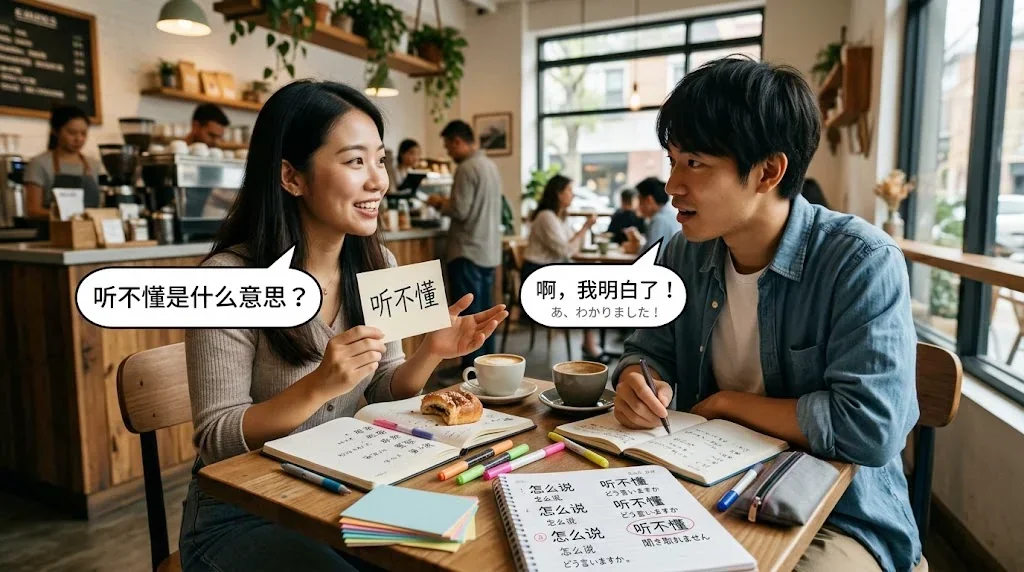 カフェで友人とフラッシュカードを使って会話練習している様子