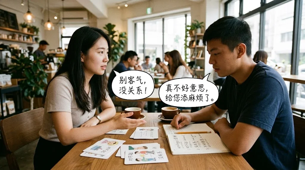 カフェで友人と謝罪フレーズを練習している様子