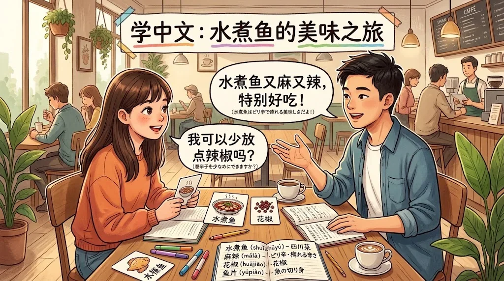 カフェで友人と会話練習している楽しい様子