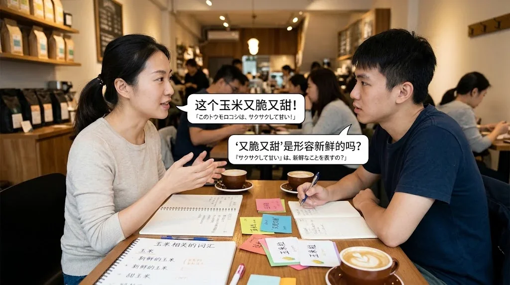 カフェで学習者とネイティブが会話練習している様子