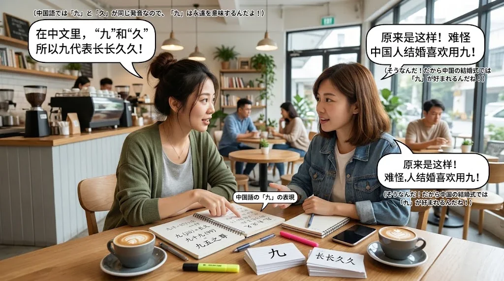 カフェで友人と「9」に関する会話を楽しむ様子